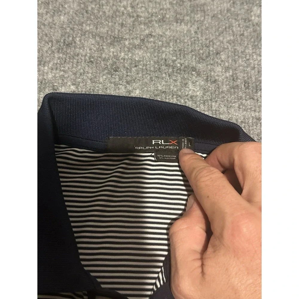 RLX Ralph Lauren White Blue Striped Large Polo Shirt Performance MGC 1915 Golf